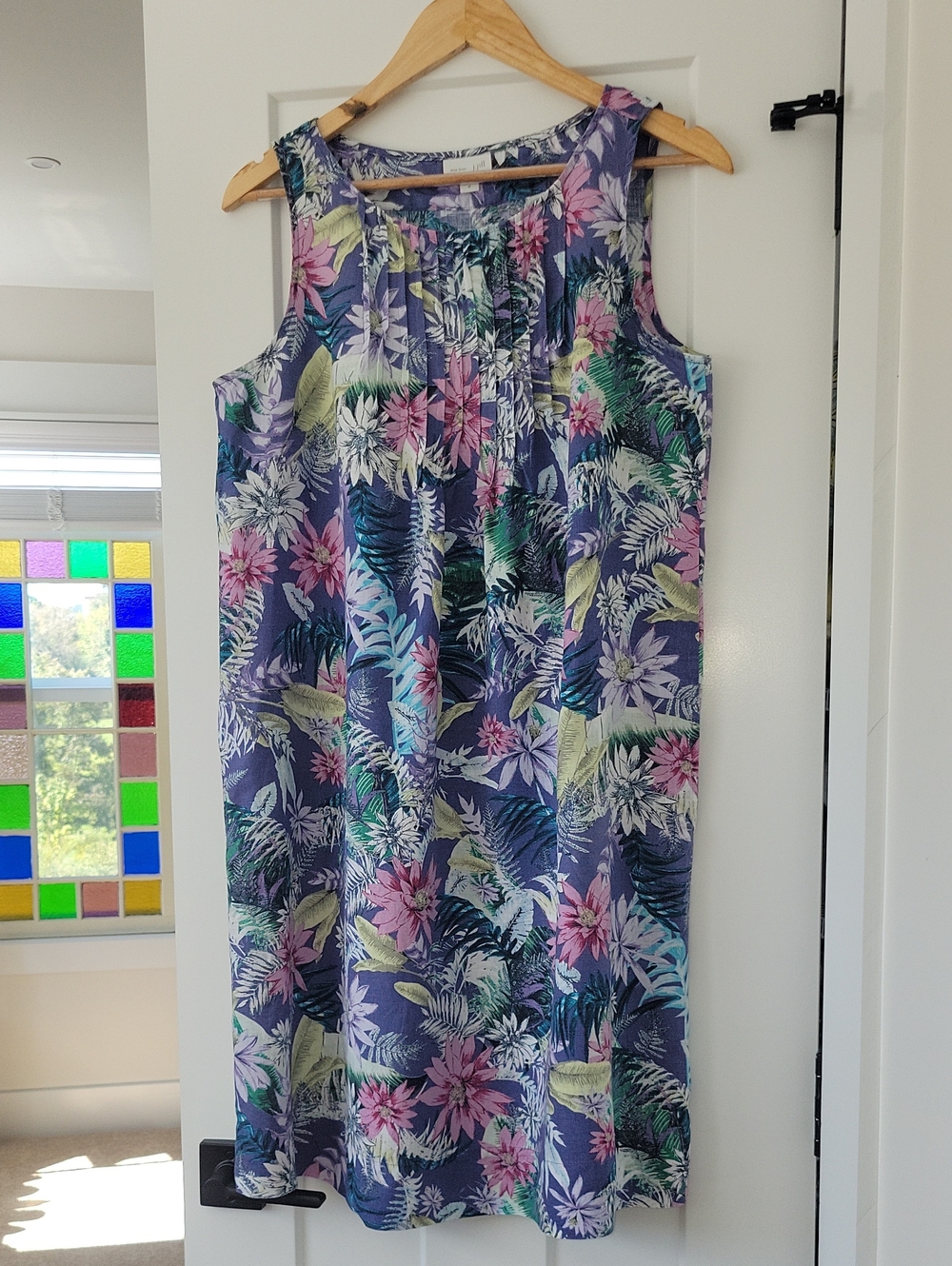 J. Jill Linen Tropical Floral Midi Dress With Pockets in Purple, Pink and Green
